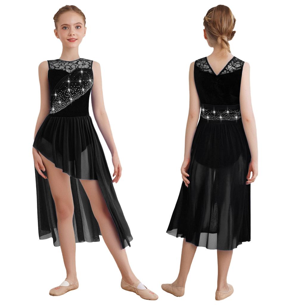 Lyrisches Tanzkleid für Mädchen: Funkelnde Strasssteine auf Spitzen-Patchwork & Raffinierte Netz-Überlagerung mit elegantem asymmetrischem Saum