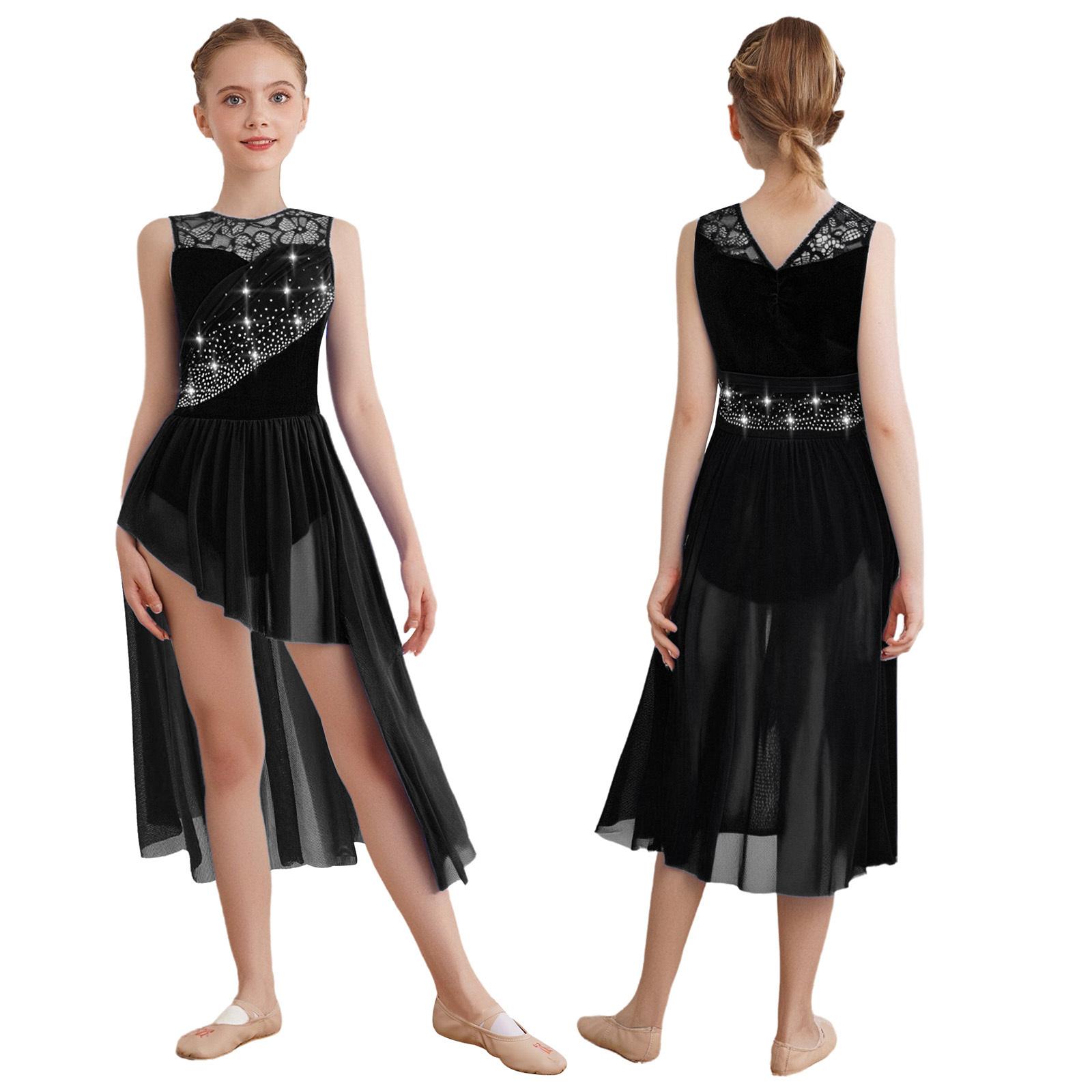 

Блискуча танцювальна сукня зі стразами для дівчат: Особливості: мереживна вставка, драпірована сітчаста накладка та драматичний асиметричний поділ 5-6 Years чорний