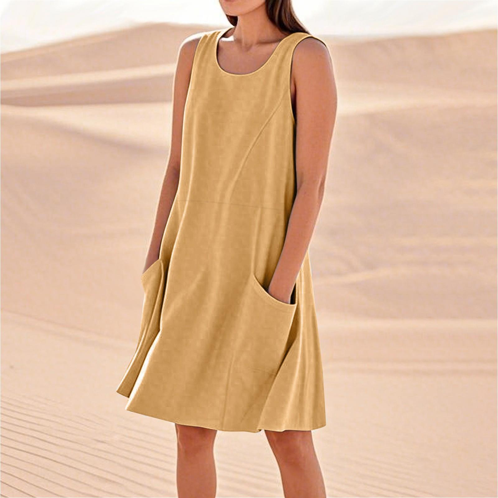 

Летние платья для женщин, свободные пляжные повседневные сарафаны без рукавов с карманами, платье-майка L жёлтый