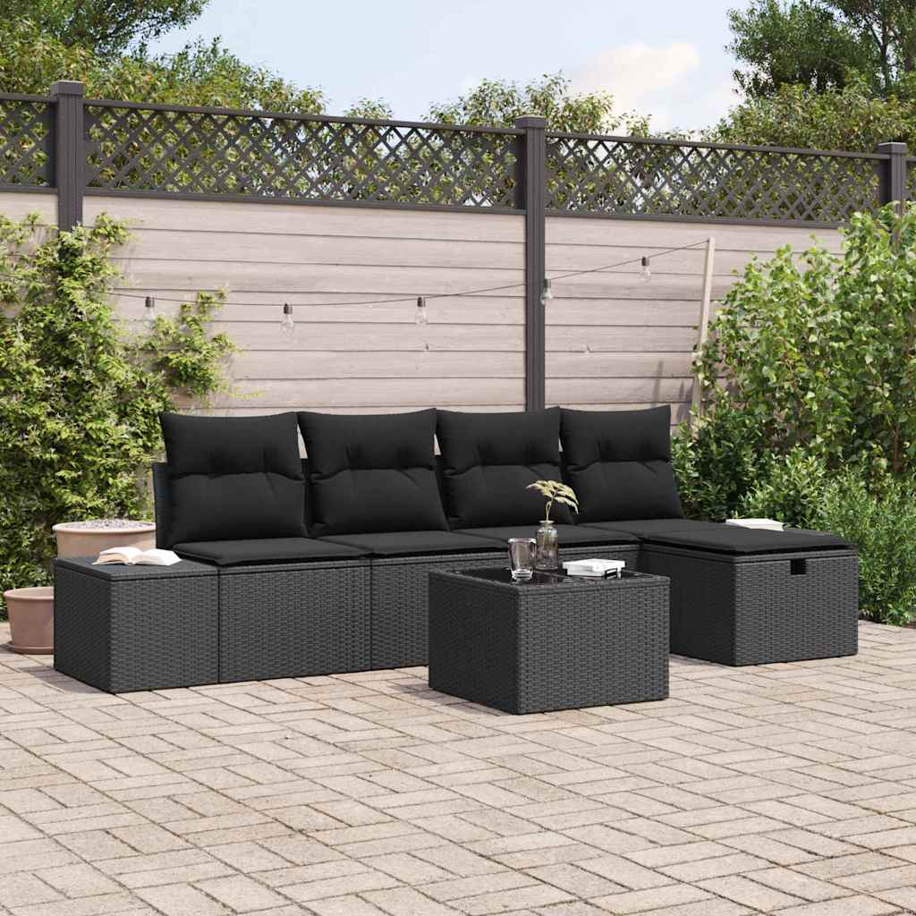 6 Piece Black Poly Rattan Garden Sofa Set with Cushions