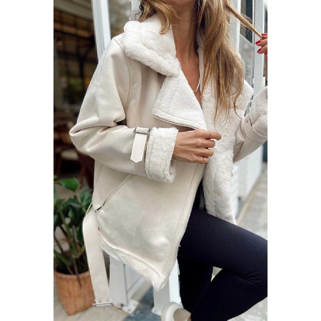 New Season Women's Premium Zr Leather Suede Coat With Belt Detail