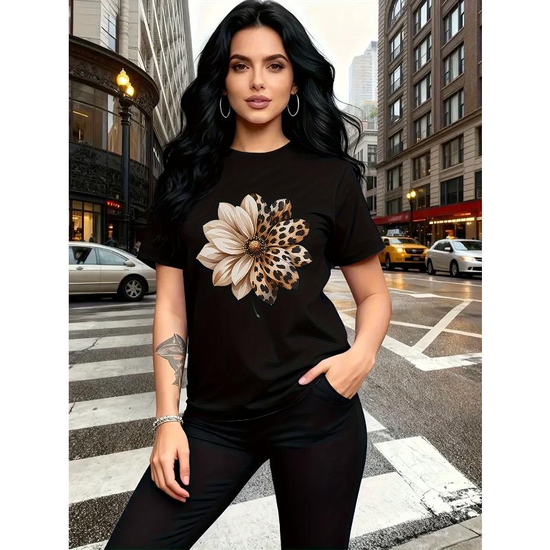 European Size Women's Short Sleeve T-Shirt with Leopard-Spot Floral Print Round Neck Blouse -Suitable for Travel, Vacation & Everyday Outfits