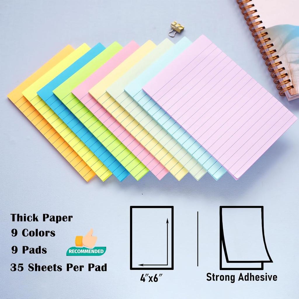 9 Pack Lined Sticky Notes 4X6 in Post, 9 Pastel Colors Large Ruled Post Sticky Colorful Super Sticking Power Memo Pads Strong Adhesive, Sticky Notes
