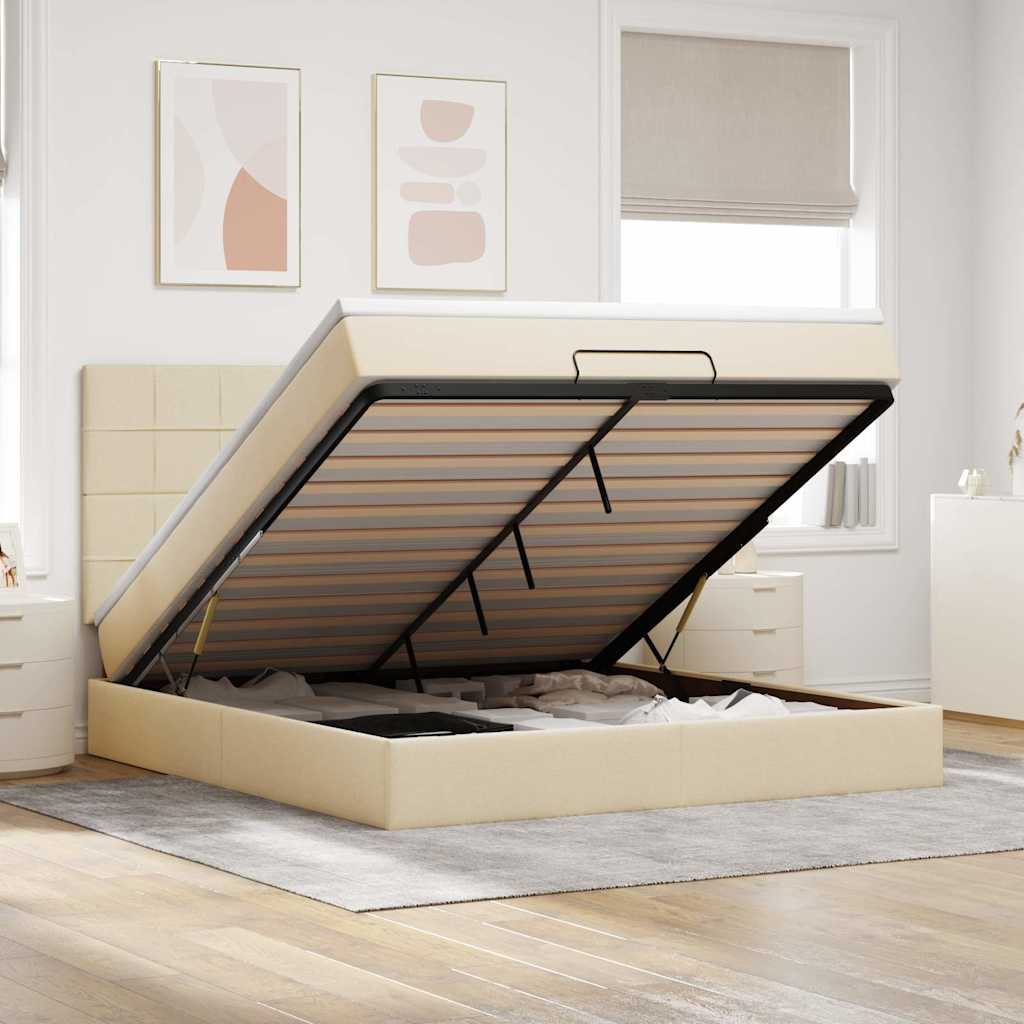 Enjoy Restful Nights with This Ottoman Bed with Mattress and LEDs In Cream Color 160x200 Cm Fabric