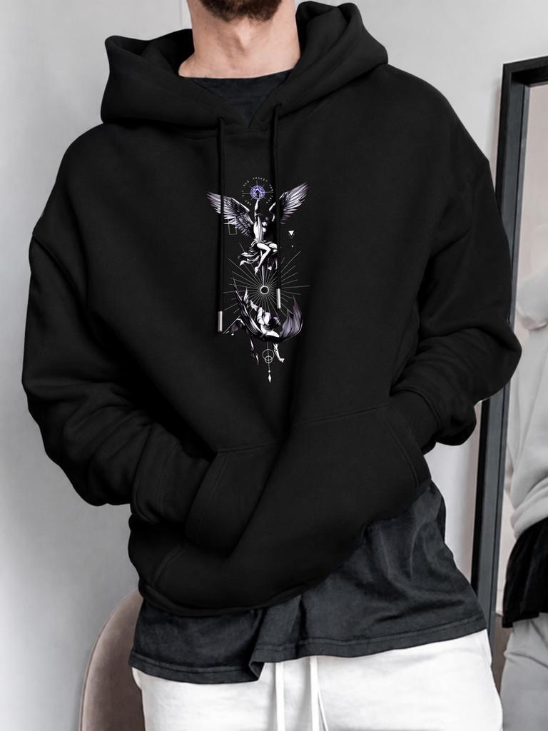 unisex Hoodie, Halloween, Mystical Winged Figure Graphic, Pullover Hoodie, Streetwear Style, Fall Winter Casual Wear, Front Pocket And Drawstring Desi
