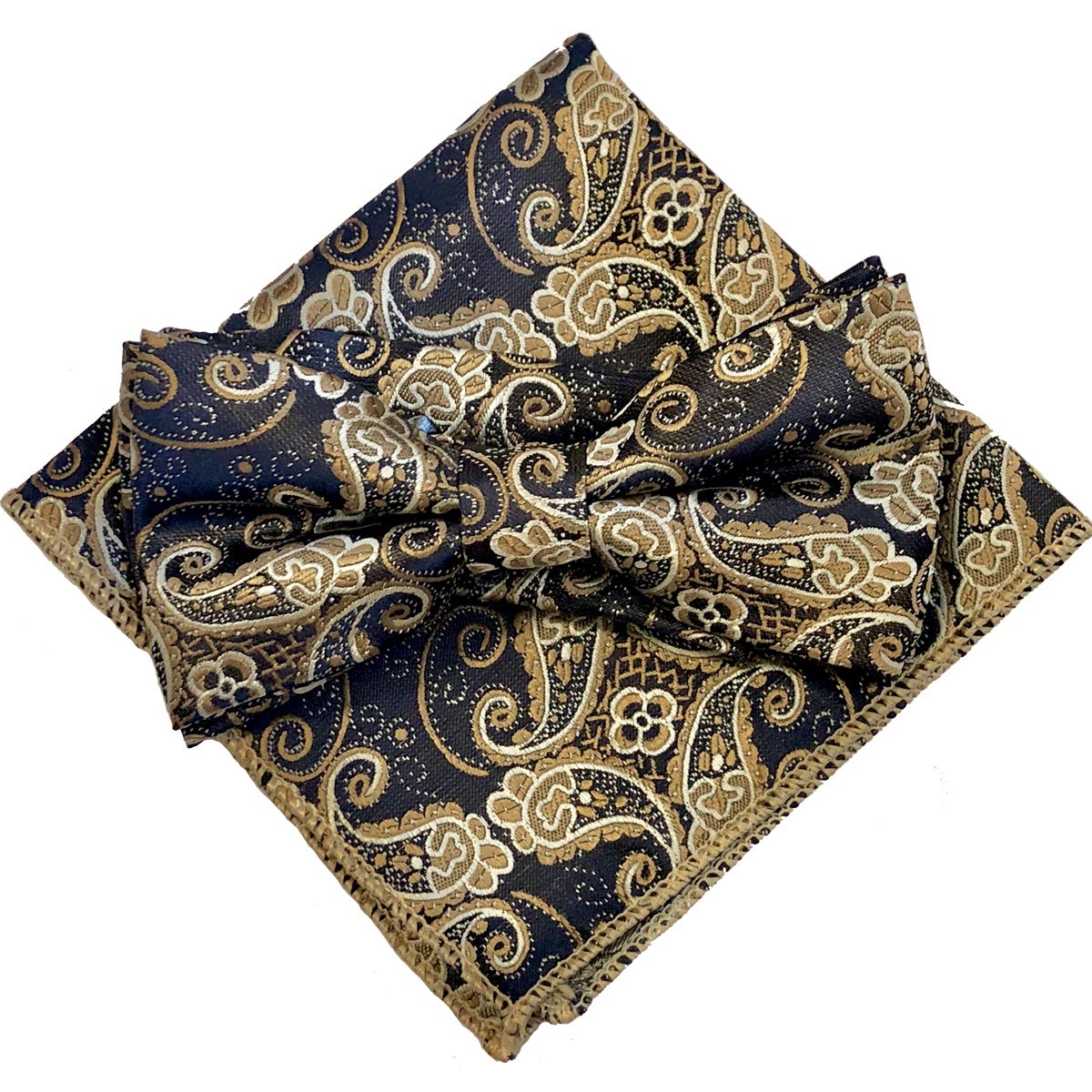 

Champagne Gold Paisley [Bow Tie & Pocket Square] 2-Piece Set for Men - One-Touch Fit - Casual & Formal