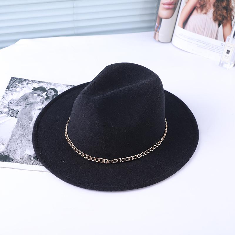 New Felt Hat Women's Chain Decorative Jazz Hat High-end Elegant Temperament Fashion Top Hat