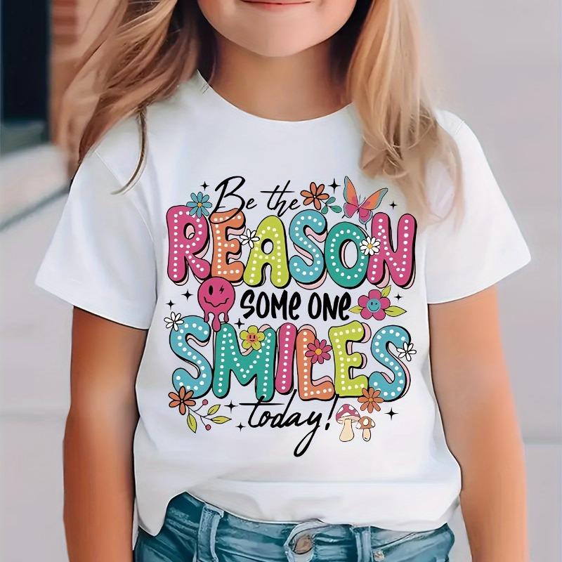 Cute And Easy Cartoon Letter Print Short-Sleeve T-Shirt for Girls, Perfect for Summer Wear, Knit