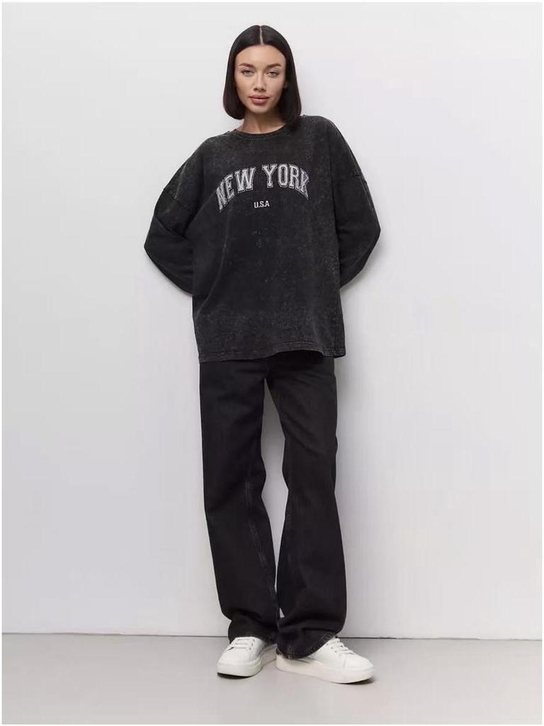 Vintage European-American Style Black Cotton Print Long Sleeve Slimming T-Shirt for Women