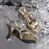 Fashion Temperament Platform Gold Heels Women's Summer Slip Strap Block Heel Square Toe Open Toe Platform Non-slip Sandals