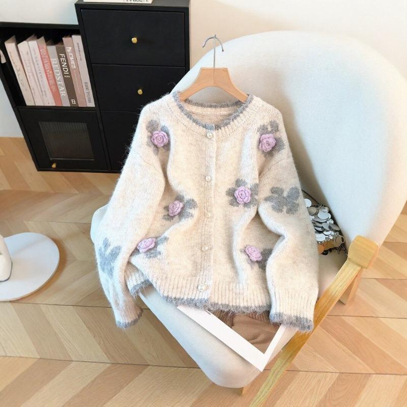 Heavy industry flower embroidered jacquard sweater cardigan women's autumn and winter temperament sweet soft waxy knitted coat
