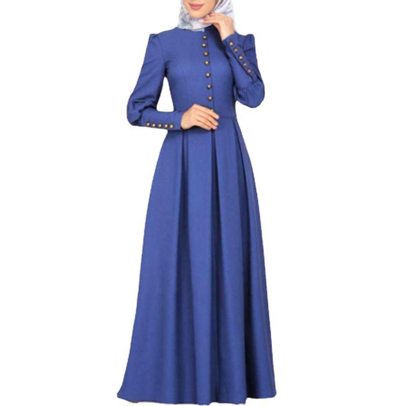 Middle Eastern Style Buttoned European and American Dress Slim Fit Large Hem Long Sleeve Decorative Button Retro Ethnic Style Gown Palace Style