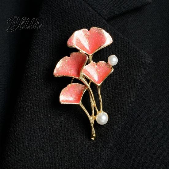 Enamel Brooch Pin Finish Imitation Pearls Ginkgo Leaf Design Zinc