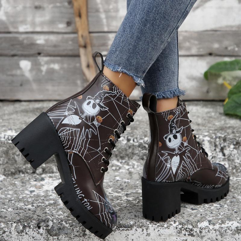Halloween Skull High-heeled Short Boots 2024 Winter Item Thick Heel Print Design Versatile Fashion Women's Boots Zapatos Mujer