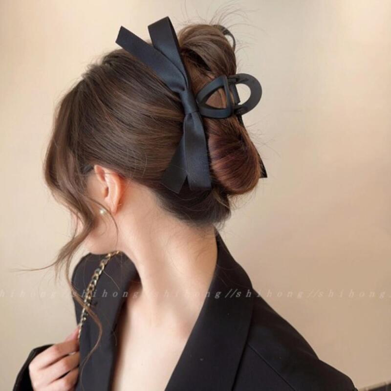 Women s Summer Simple Satin Black Wide Ribbon Hair Clip A29577_Black