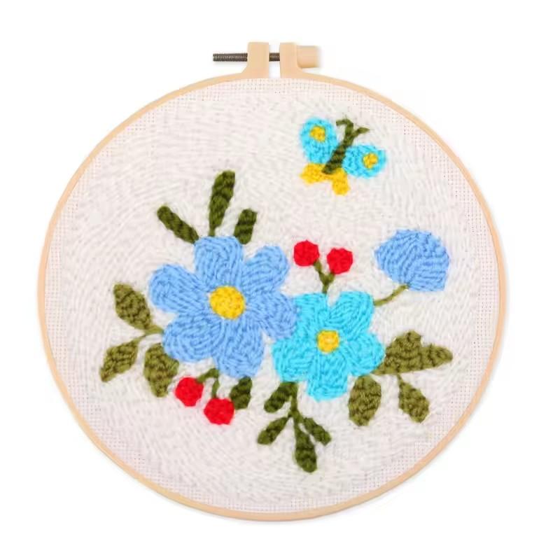 CHENISTORY DIY Punch Needle Kit Bee Butterfly White Flowers 20x20cm With Embroidery Hoop for Beginner Craft Kit Home Wall Decor