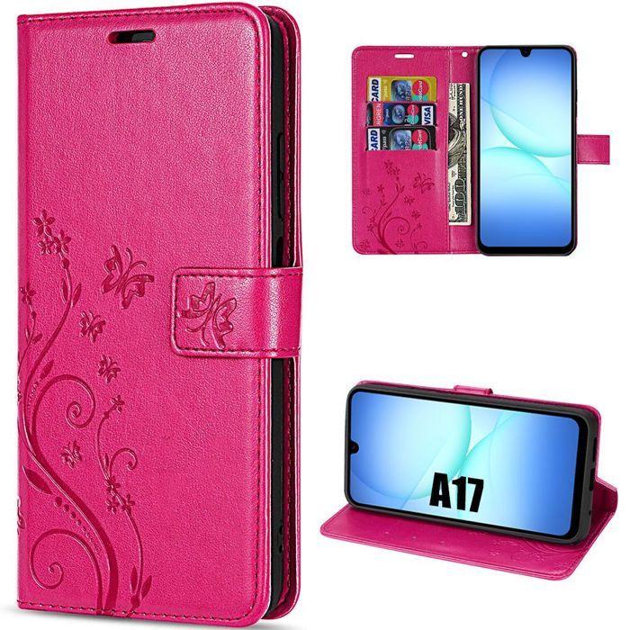 Coque de Protection - BOOLING - Samsung Galaxy A17 4G/5G - Anti-Rayures Cuir PU Fuchsia Motif Floral