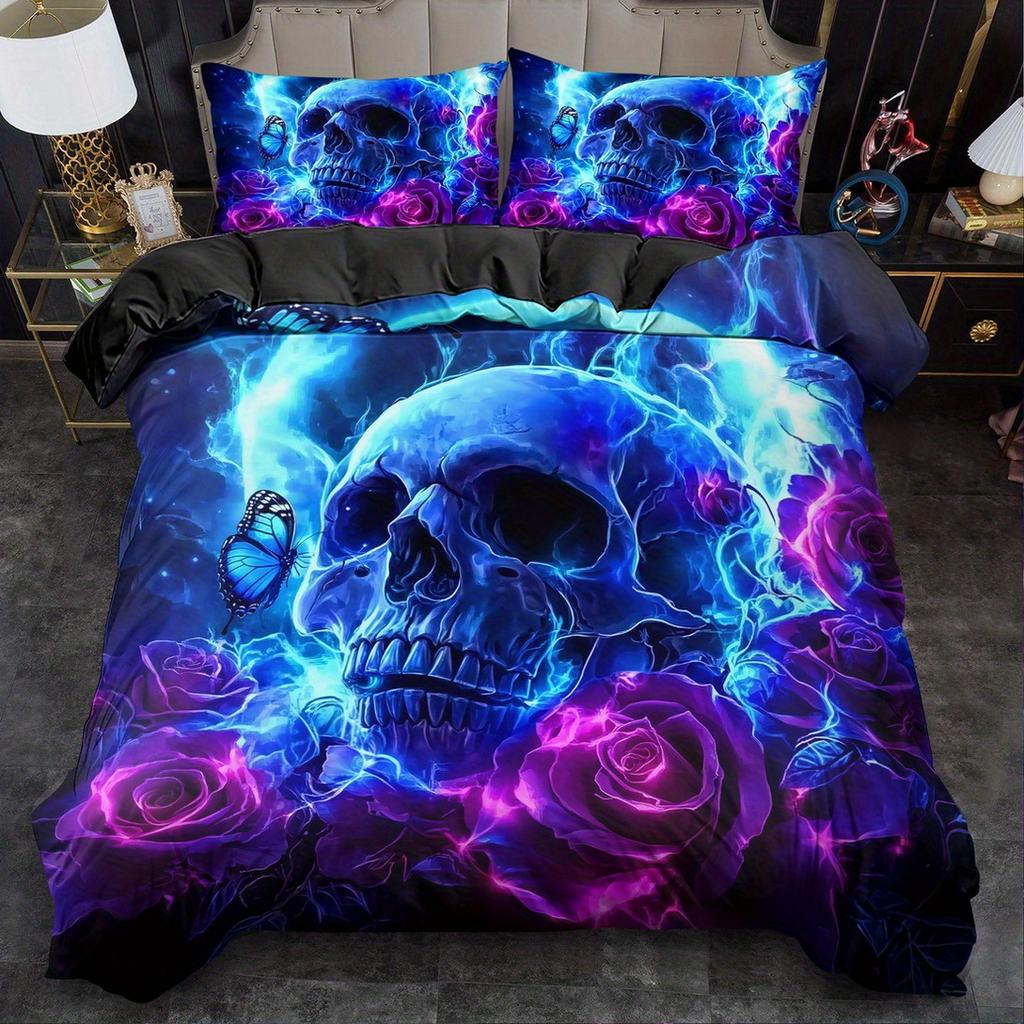 3PCS Fantasy Blue Skull 3D Digital Visual Printed Quilt Cover Set Duvet Cover No Filling Cool King Queen Size For Bedroom Decor