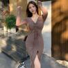Women's Dress Long Sleeve V-neck Slim Sexy Black Drawstring Dress Solid Color