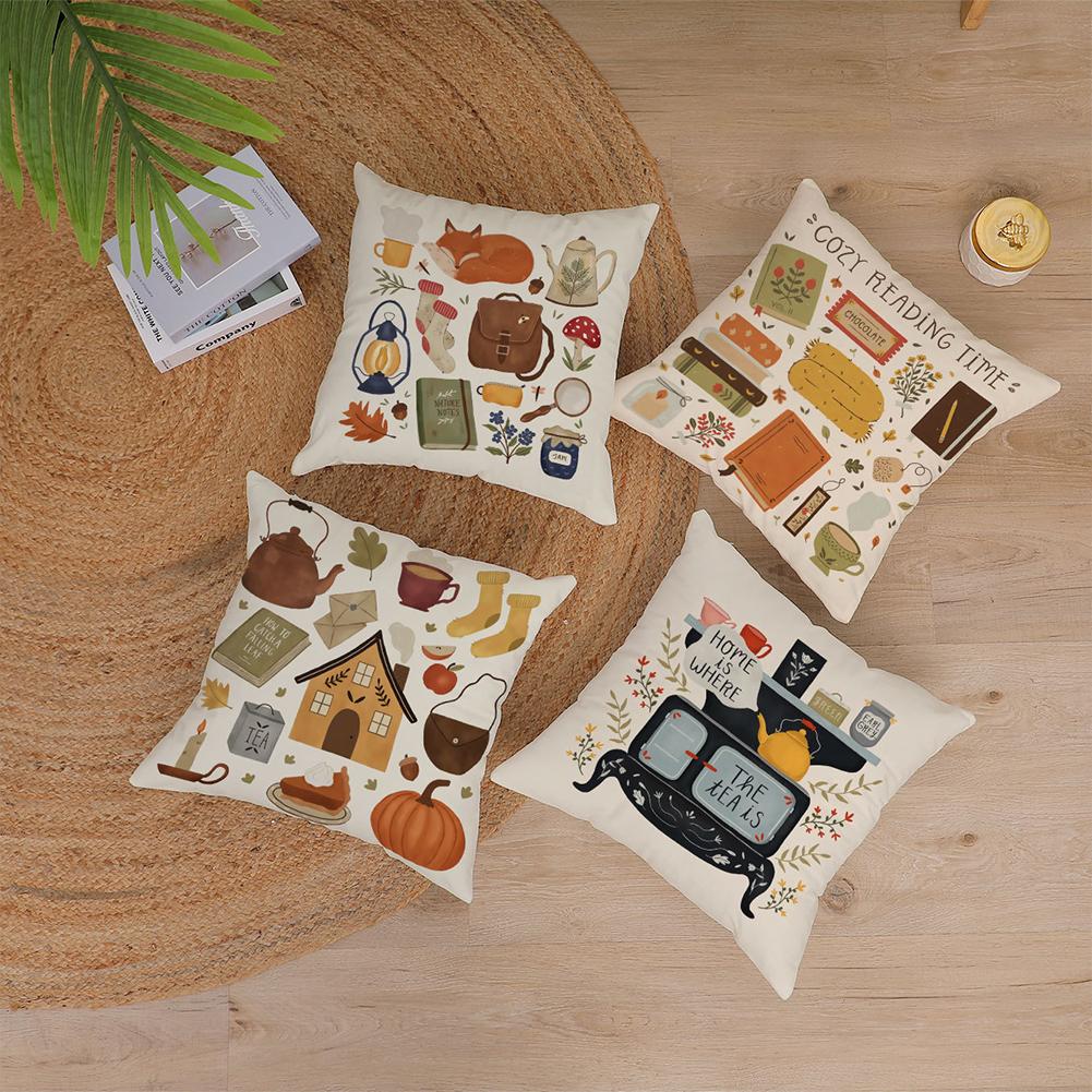 Flannel Square Bedside Pillowcase, Pastoral Home Atmosphere Cartoon Anime Pattern Cushion Protective Cover With Invisible Zipper 45x45cm