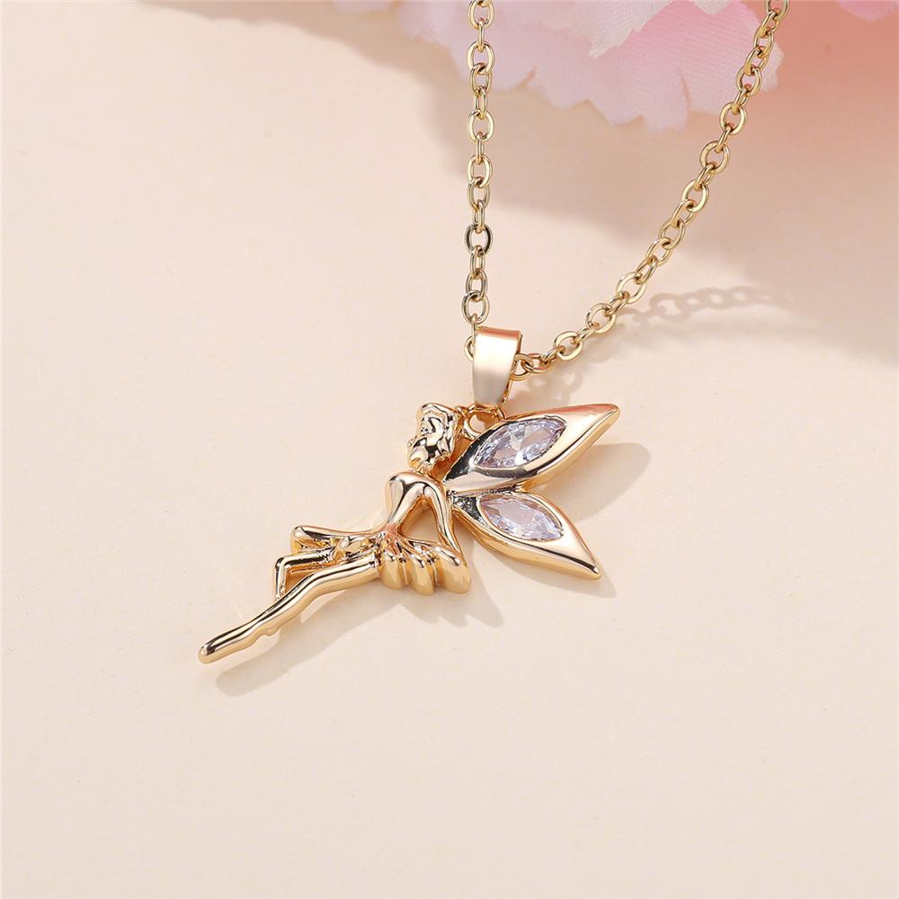 Female White Crystal Angel Pendant Necklace Vintage Gold Color Wedding Jewelry For Women