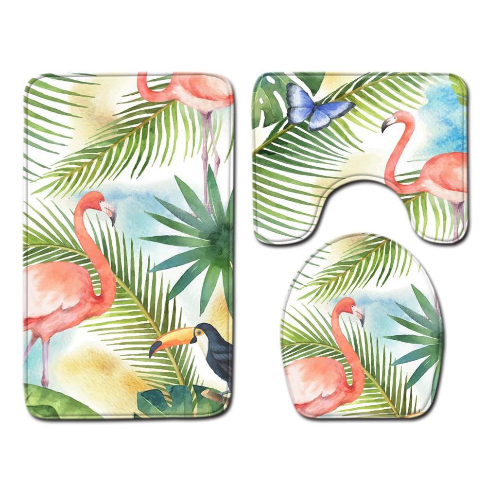 European And American Style Pink Cute Animal Flamingo Floor Mat Carpet Girl Heart Hand-Painted Illustration Toilet Three-Piece Set