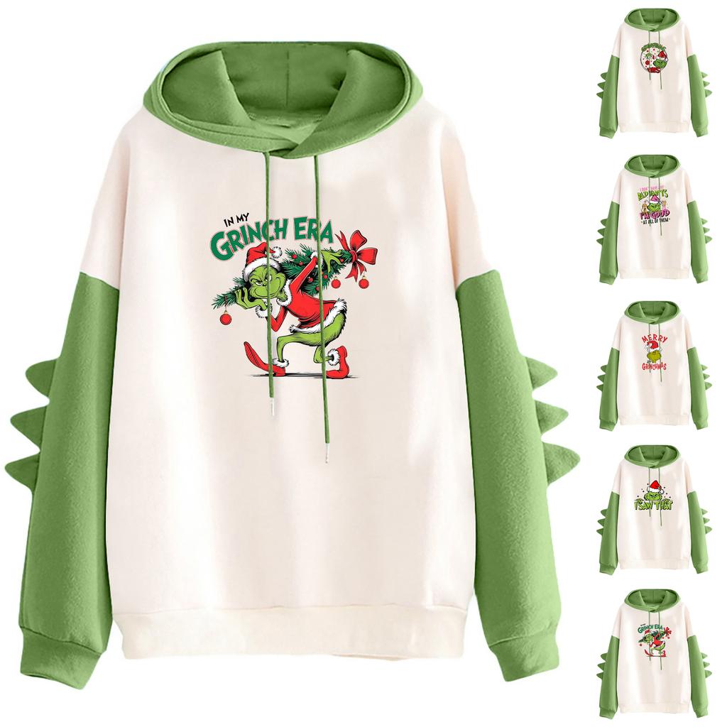 Women's Christmas Printed Contrasting Dinosaur Loose Casual Hoodie