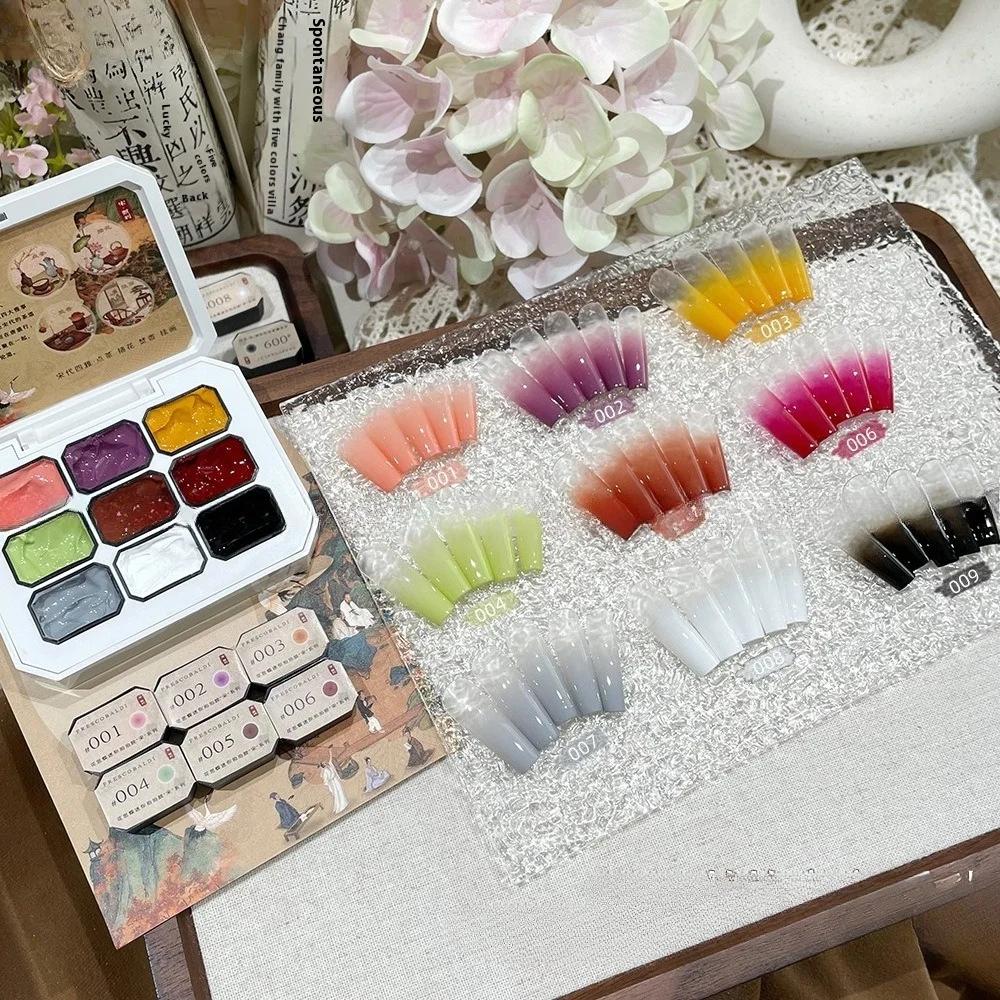 Serie di 9 colori Mini Stile Cinese di Colla Pat Pat Collezione Palette Ombretti Pittura Degradé Smalto per Unghie Glitter per Unghie
