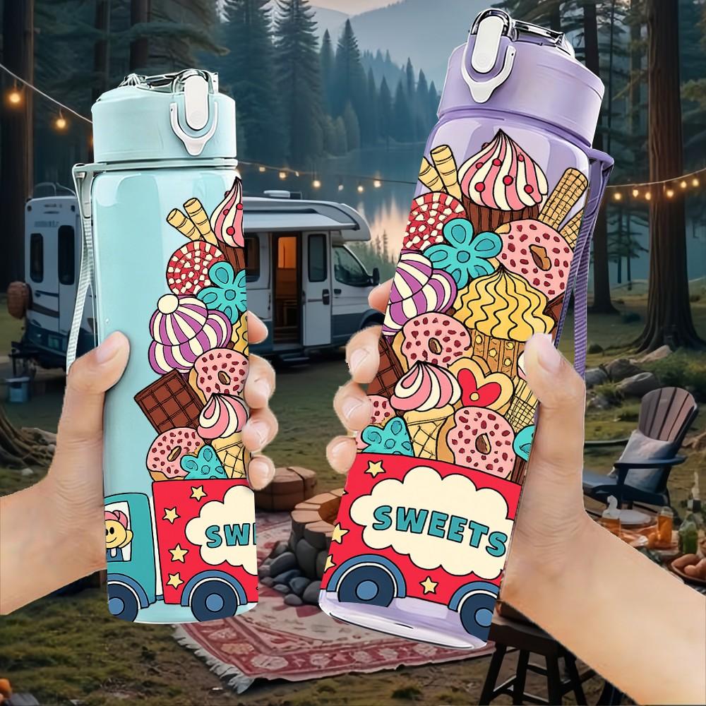 1PC Colorful Ice Cream Truck Cartoon Pattern 750ml Color Plastic Sports Water Bottle Leakproof Flip Straw Lid Suitable for Sports Office Home Use