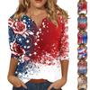 T-shirt da Donna Stampa Giorno dell'Indipendenza Bottoni Manica 3/4 Quotidiano Weekend Moda Base Scollo a V Top Regolare