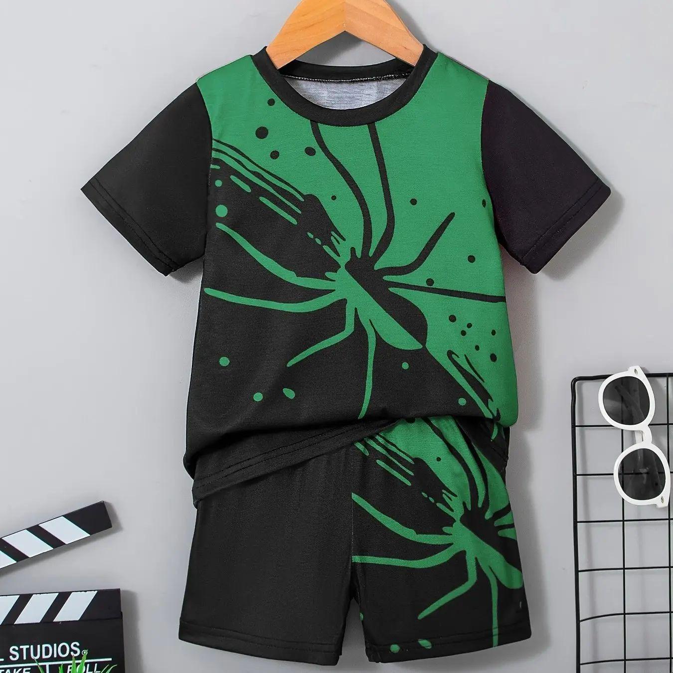 2026 Children s Clothing 2-piece Set, Boys  Fun Cartoon Spider Printed Short sleeved 5-6Y