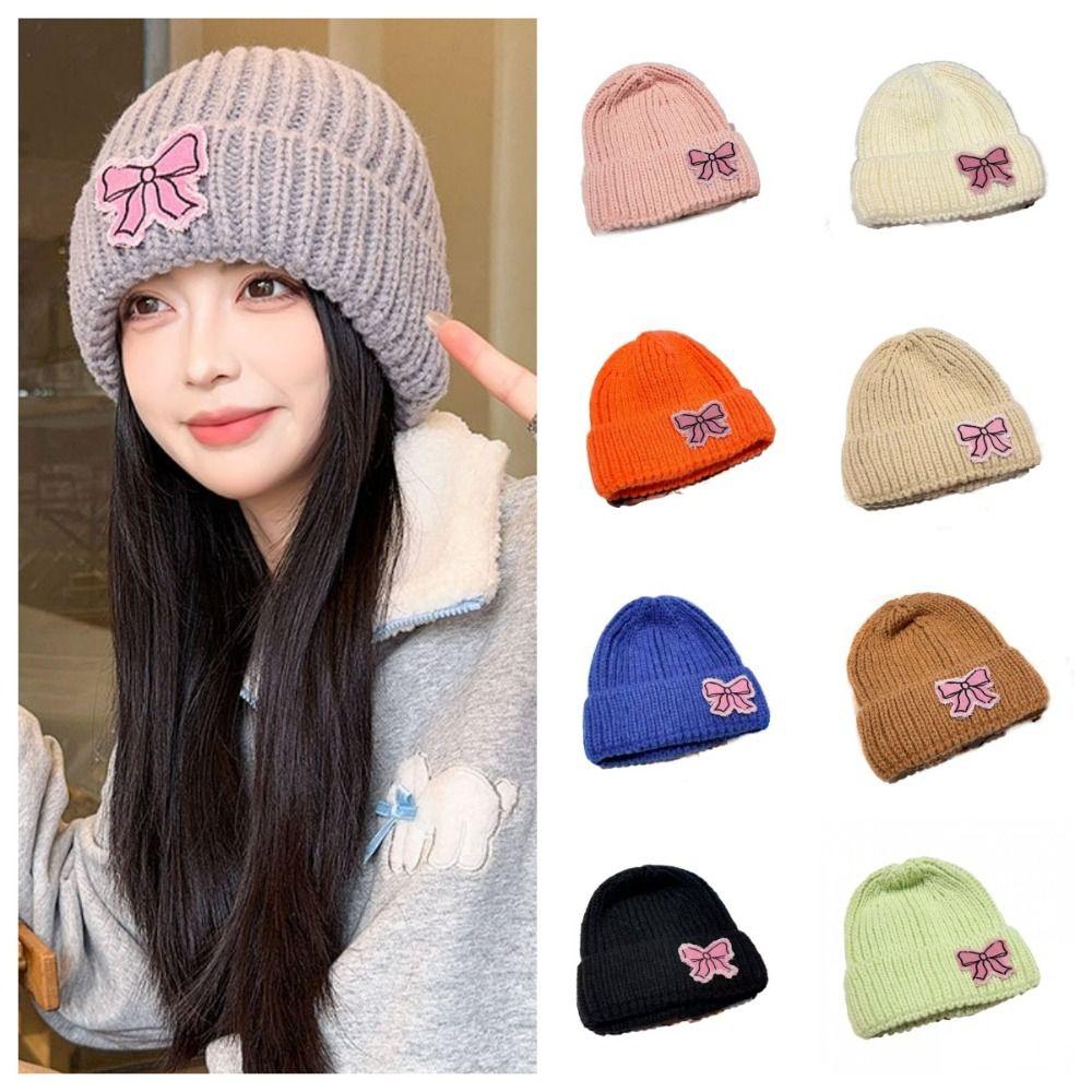 Lace Edge Bow Beanies Hat Solid Color Winter  Knitted Cap Sweet Bow Knitted Pullover Hat  Outdoor