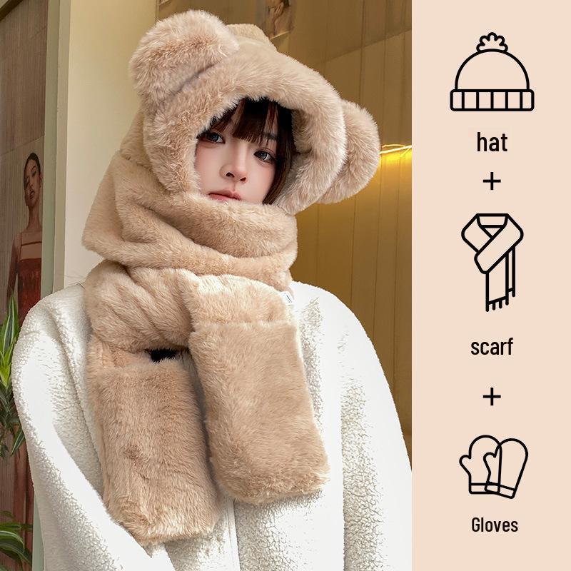 Korean-Style Cute Bear Plush Hat & Scarf Set for Women - Cozy Autumn/Winter Wear