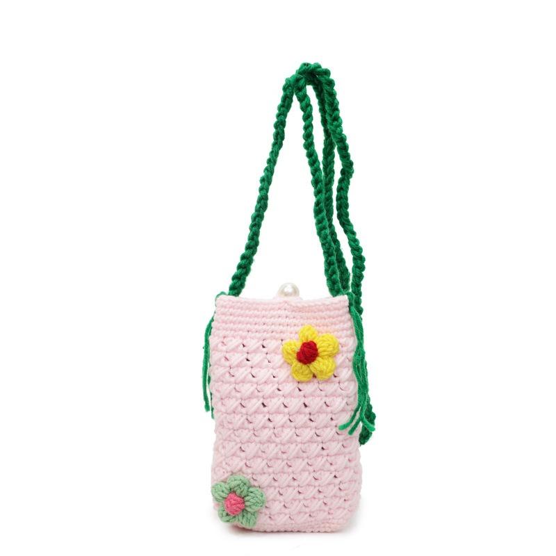 Spring and Summer Flower Mini Mobile Phone Bag Trendy Small Square Bag Wool Woven Knitted Messenger Bag Crochet Key Bag