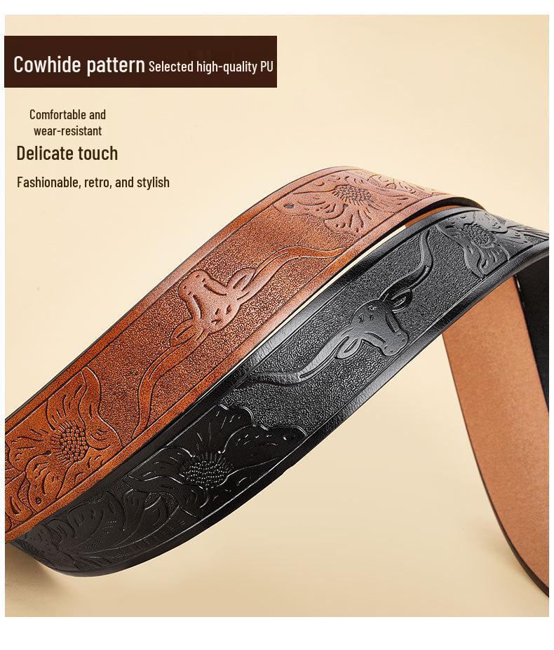 Men's Bull Head Western Leather Belt with Large Buckle