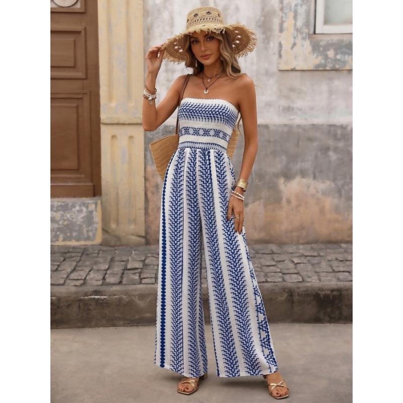 Tuta da donna blu bianca stampata senza spalline etnica da vacanza a gamba larga