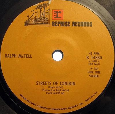 7inch Record RALPH MCTELL - Streets Of London K14380 Reprise Records 1974 US Country/Folk Used