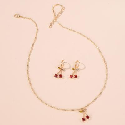 Yousheng 1 Set Necklace Earring Suit Cute Gemstone Cherry Women's Simple Versatile Faux Crystal Necklace Accessories