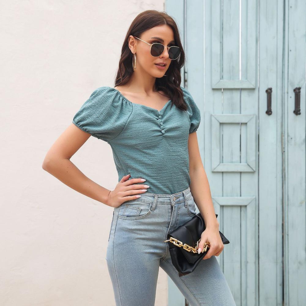 GMXIA Women's Fashion Casual Solid Color Print Short Sleeve V Neck Blouses & Shirts