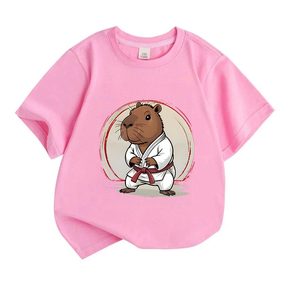 Kids Boys Girls 100% Cotton Crew Neck Short Sleeve T-Shirt, Cute Capybara Karate Martial Arts Graphic Casual Tee for Children Daily Wear
