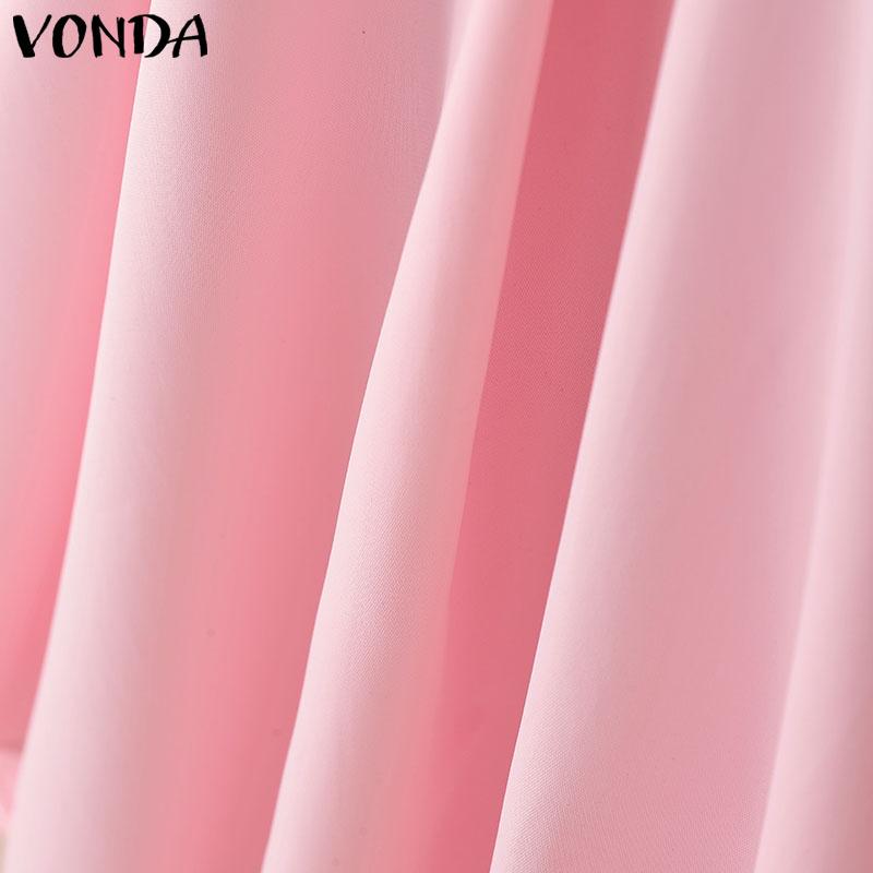 VONDA Summer Women Lapel Neck Short Sleeve Stitching Casual Pleated Dress