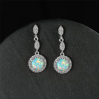 Vintage Silver Color Round Stone Drop Earrings For Women Fashion White Blue Green Stone Earrings Wedding Jewelry