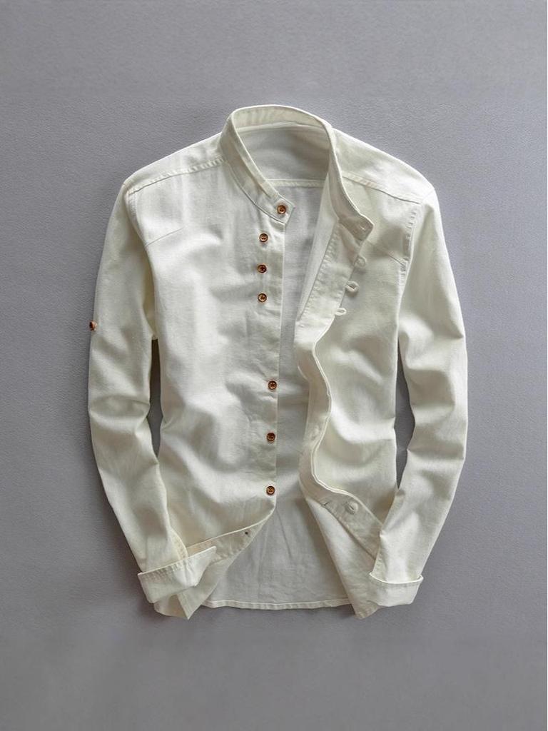 Chemise à col montant à manches longues boutonnée pour homme, style chinois, pour le printemps et l'automne