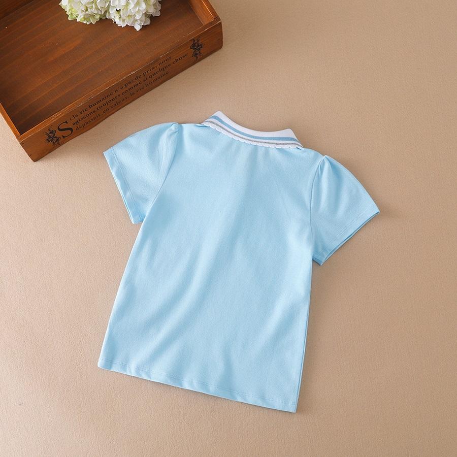 Toddler Girls 2024 New Summer Short Sleeves Kids Clothing Baby Girls' Cartoon Patched Striped Trim Polo Shirt