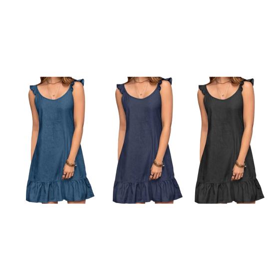 Women Summer Mini Dress O-neck Sleeveless Ruffle Hem Short Dress Solid Color Loose Fit Beach Holiday Dress