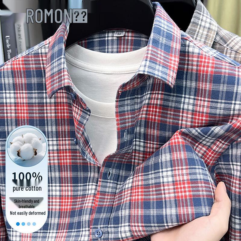 ROMON Men s Pure Cotton Plaid Long-Sleeve Shirt 44