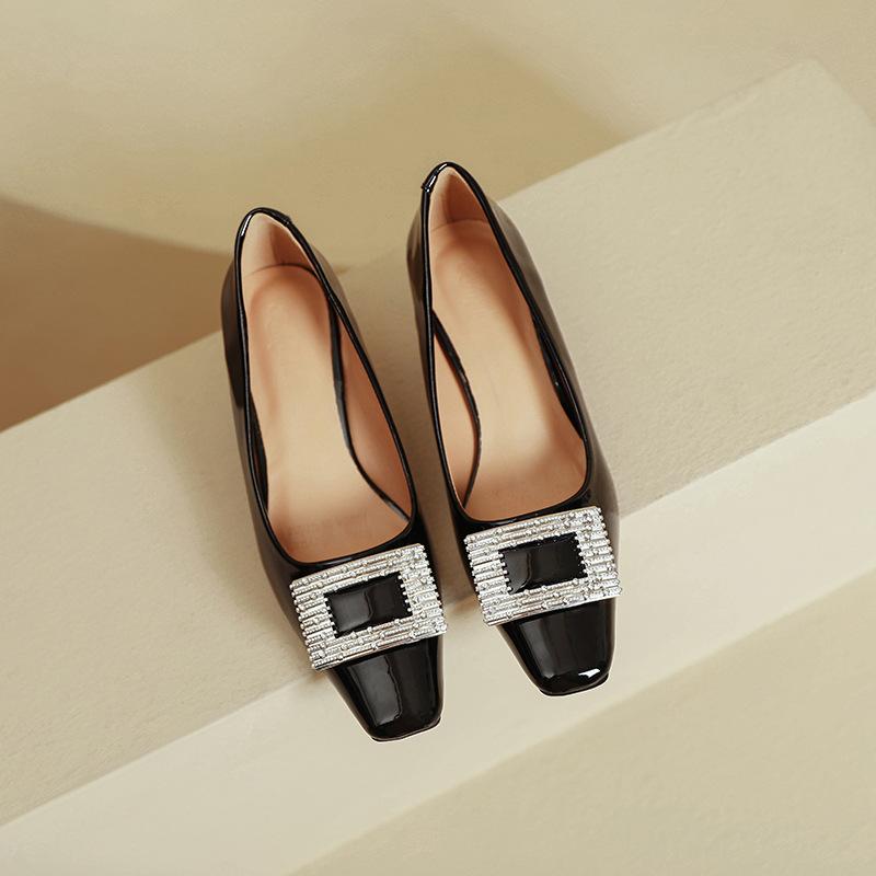 Square head high heels, thin heels, spring and autumn shoes, rhinestone square buckle, burgundy French light mouth single shoes