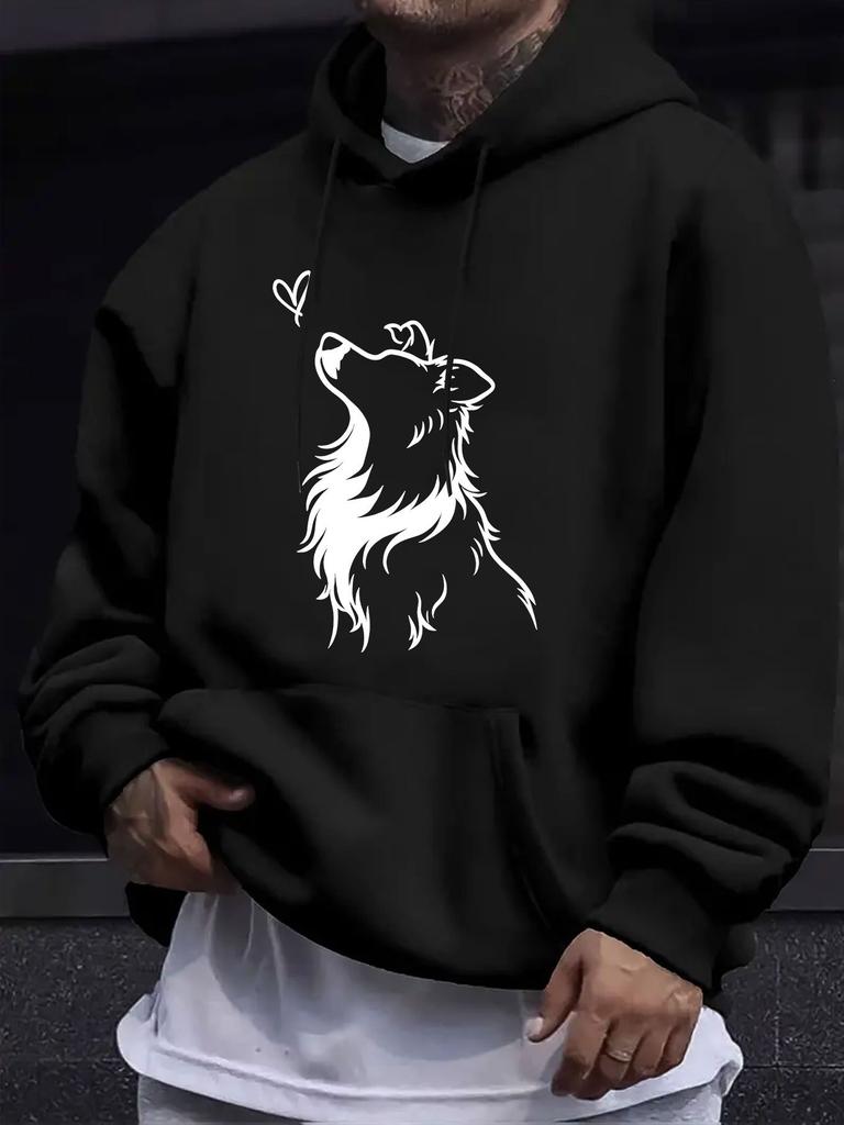 American Western Style unisex Autumn Winter Print Hooded Long Sleeve Sweatshirt, Wolf Head Easy Silhouette Line Print Hoodie, Wild And Niche Print, St