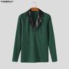 INCERUN Men V Neck PU Patchwork Long Sleeve Rib Stretch Pullovers Tops Undershirts