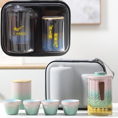 Travel Kung Fu Tea Set, Gift Set,  Printed Glass Bubble Teapot, Portable Bag, Ceramic Express Cup, One Pot of Four Cups